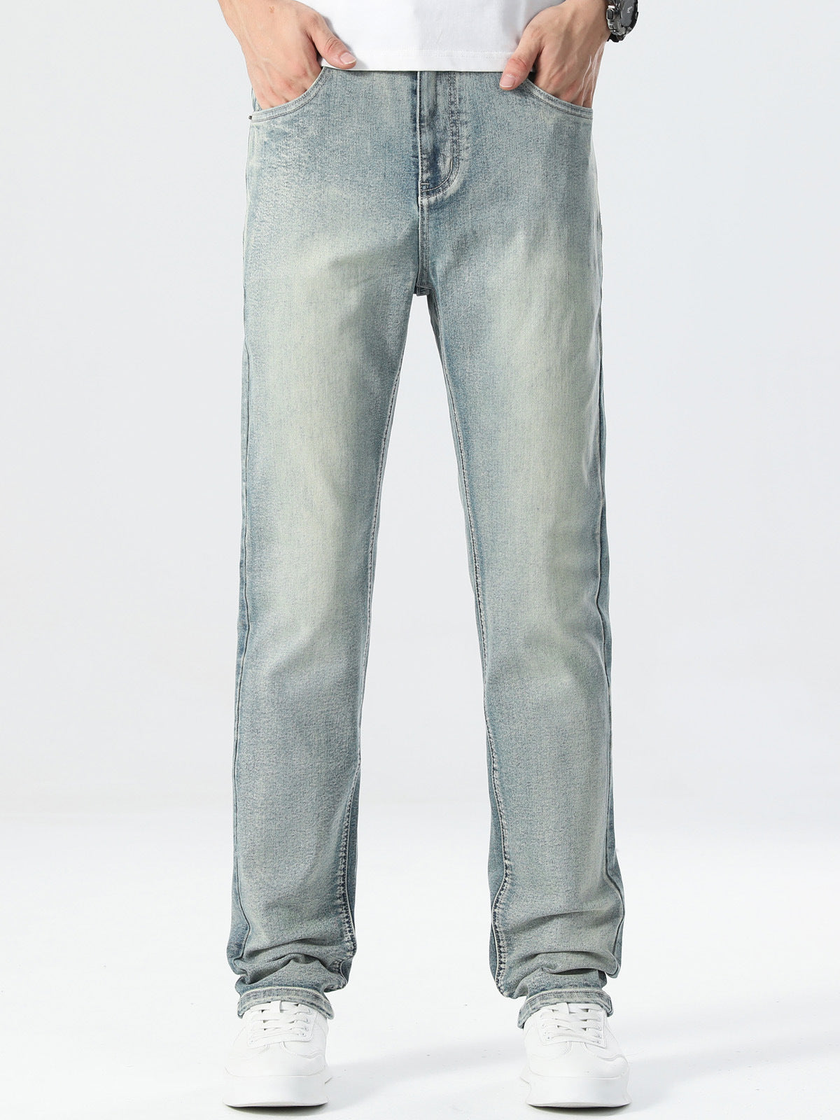 Mens Summer Elastic Straight Leg Jeans